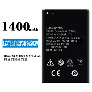 Mobiltelefon akku/akkumulátor Li3714T42P3H765039 alkalmas ZTE Blade A3/T220/AF3/A5/F5/T230/T221